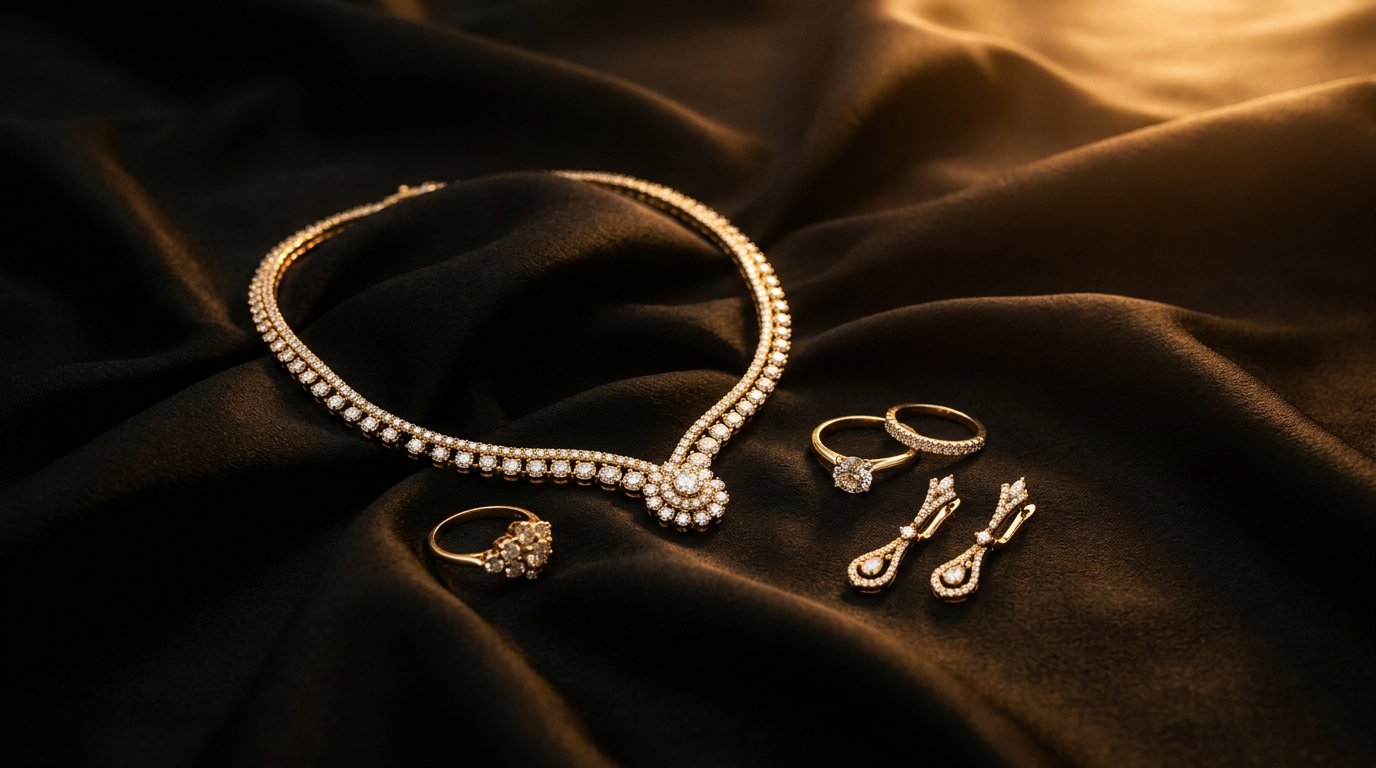 Minaha Collections — gold and diamond jewellery on black silk