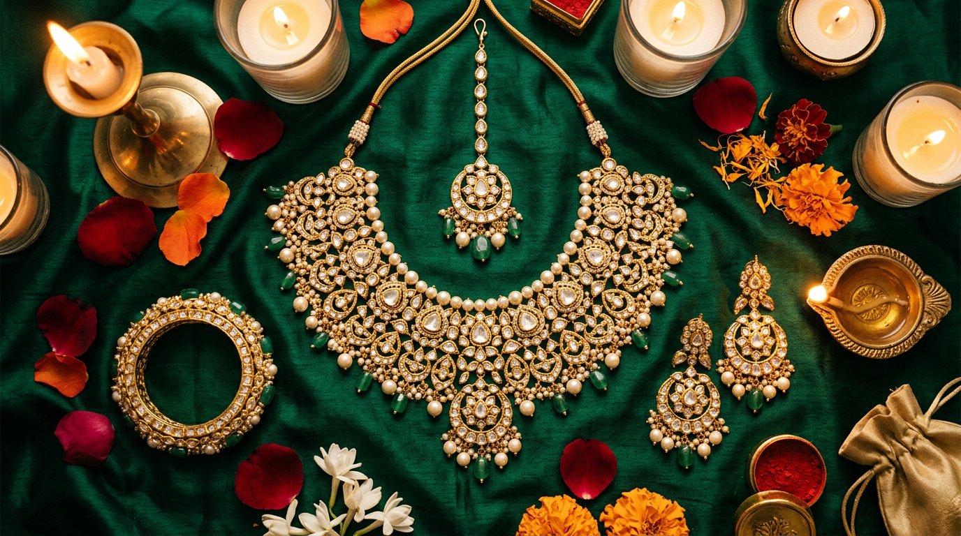 Bridal kundan set on emerald silk